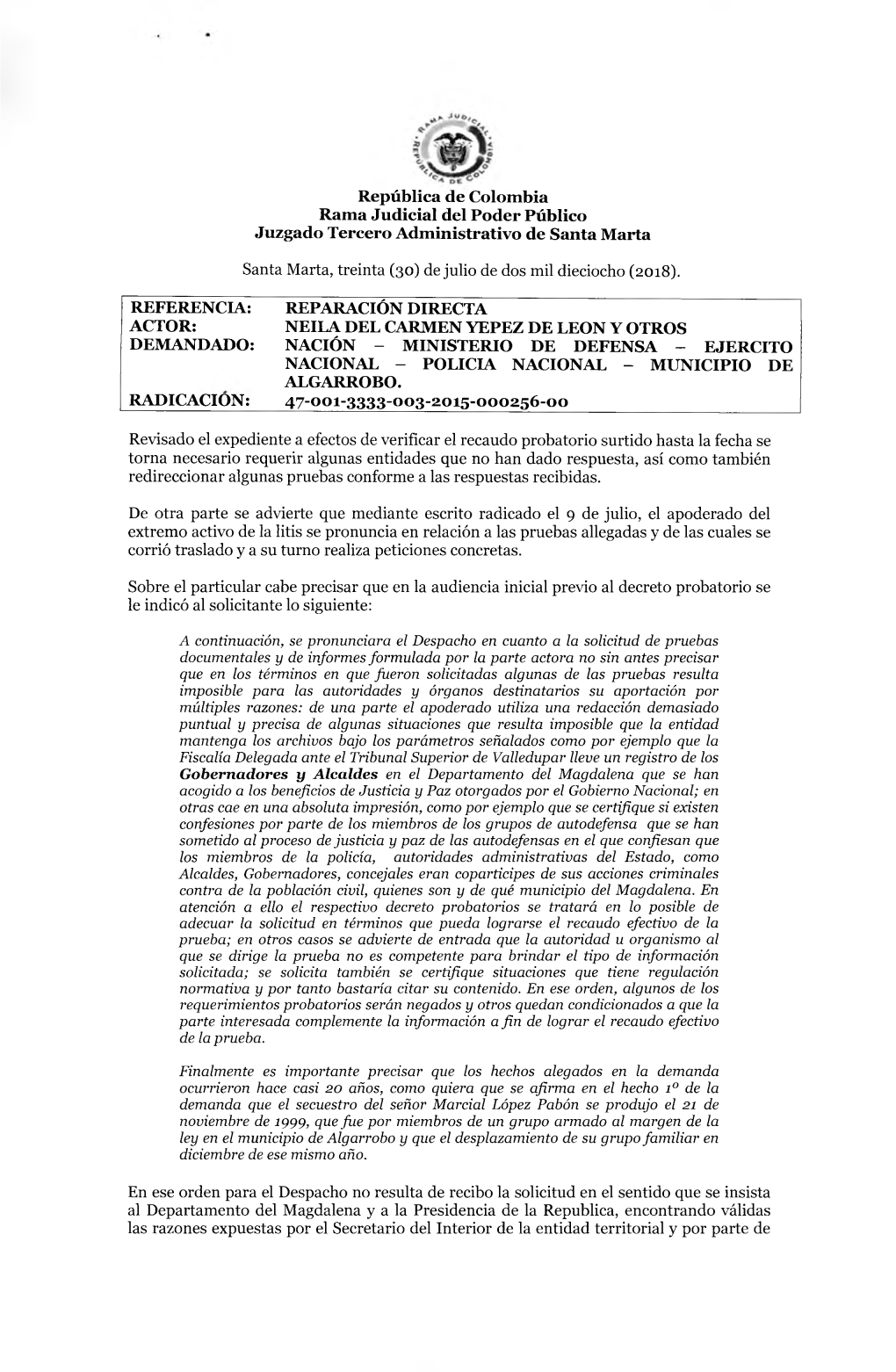 República De Colombia Rama Judicial Del Poder Público Juzgado Tercero Administrativo De Santa Marta