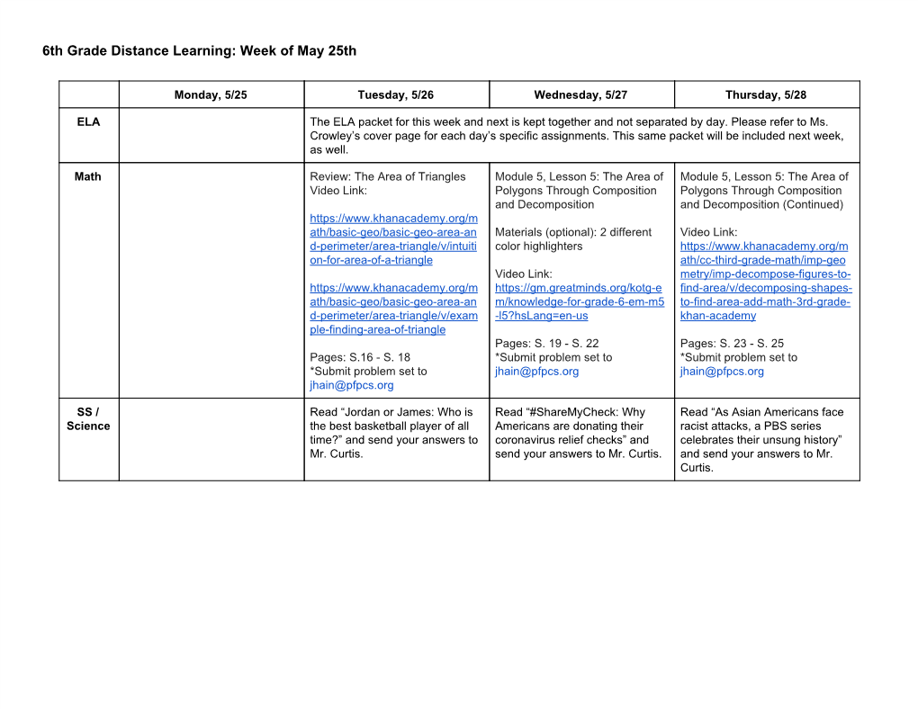 6Th Grade Distance Learning: Week of May 25Th