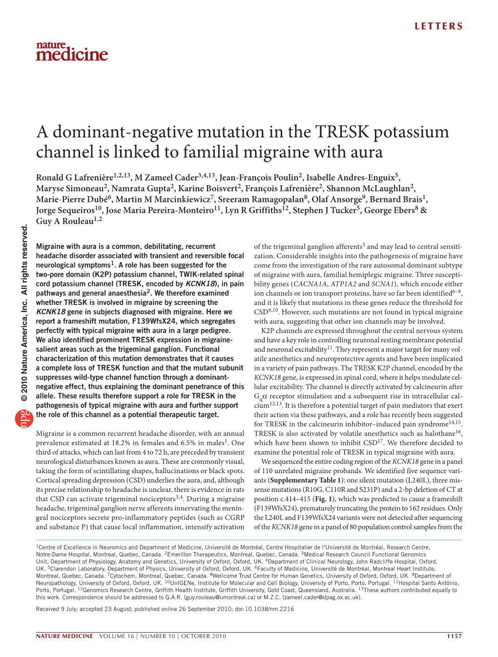 A Dominant-Negative Mutation in the TRESK Potassium Channel Is Linked to Familial Migraine with Aura