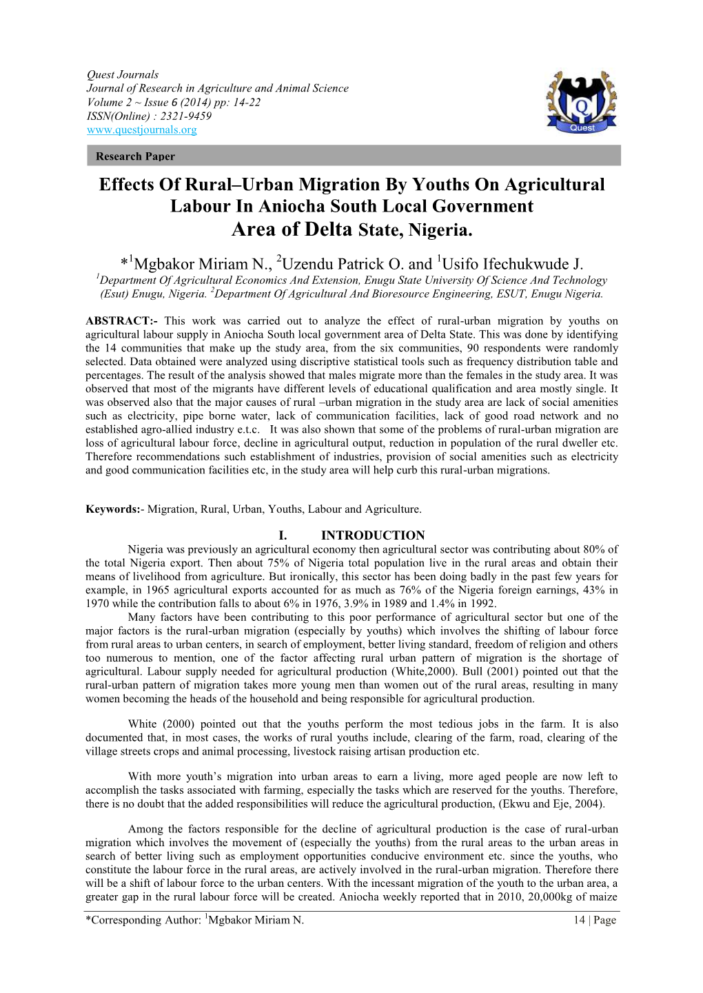 Effects of Rural–Urban Migration by Youths on Agricultural Labour in Aniocha South Local Government Area of Delta State, Nigeria