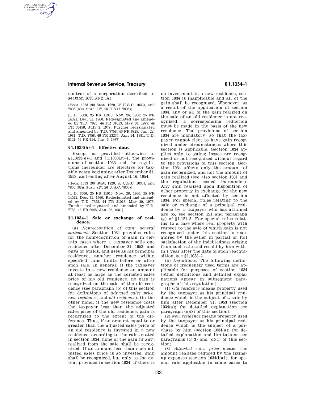 Internal Revenue Service, Treasury § 1.1034–1