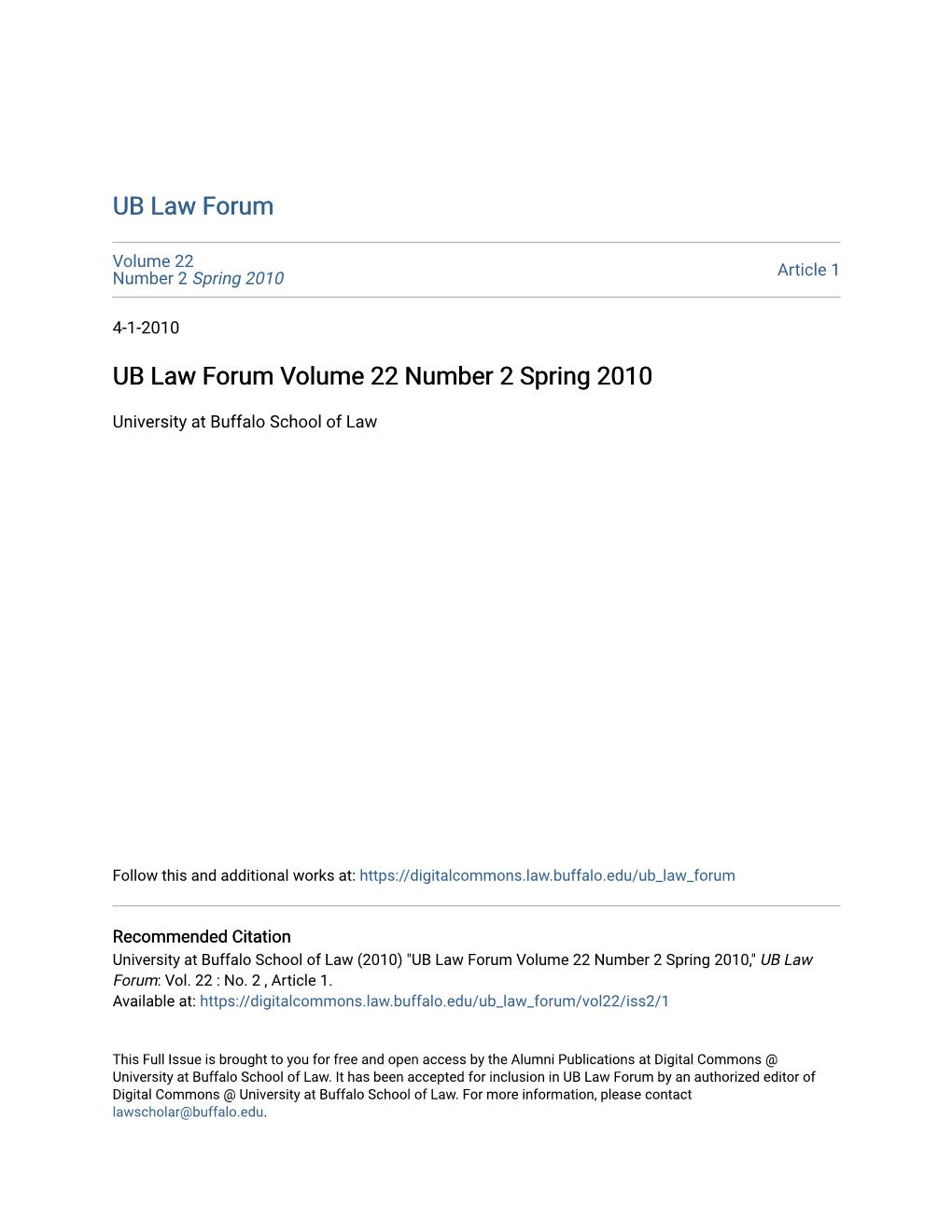 UB Law Forum Volume 22 Number 2 Spring 2010