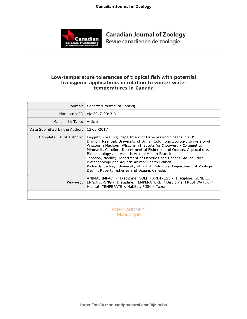 Low-Temperature Tolerances of Tropical Fish with Potential Transgenic Applications In