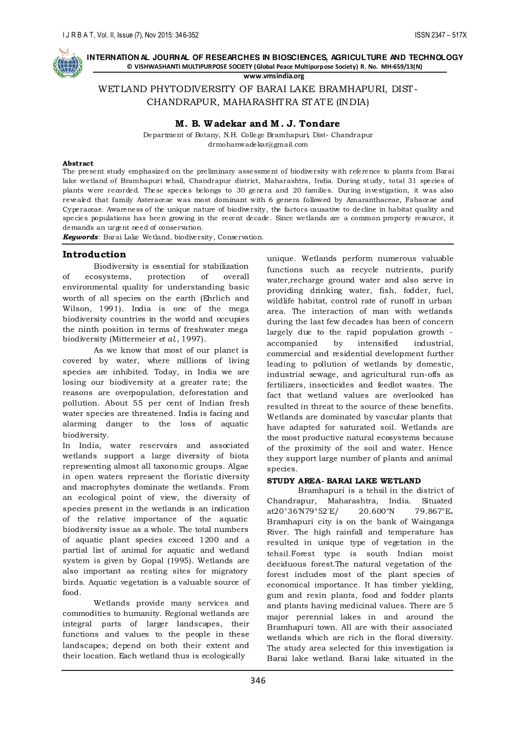 346 Wetland Phytodiversity of Barai Lake Bramhapuri, Dist