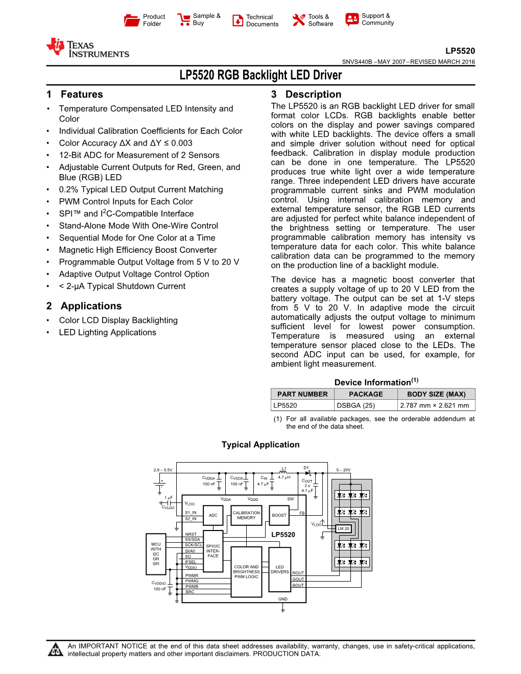 LP5520 RGB Backlight LED Driver Datasheet