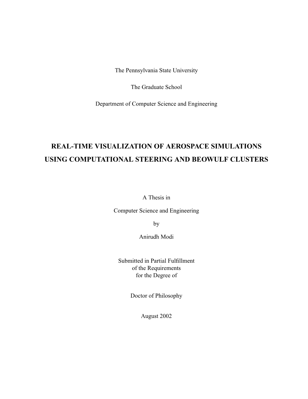 Real-Time Visualization of Aerospace Simulations Using Computational Steering and Beowulf Clusters