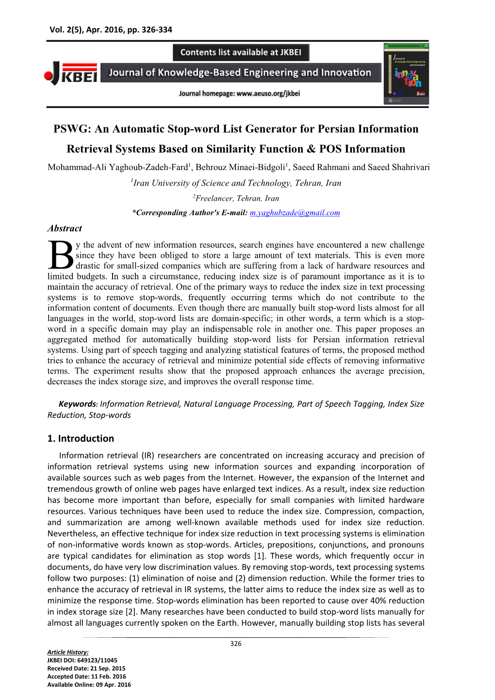 PSWG: an Automatic Stop-Word List Generator for Persian Information