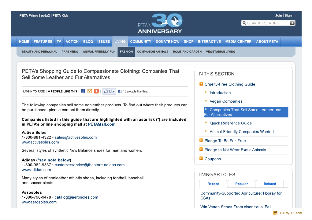 PETA's Shopping Guide to Compassionate Clothing: Companies That in THIS SECTION Sell Some Leather and Fur Alternatives Cruelty-Free Clothing Guide