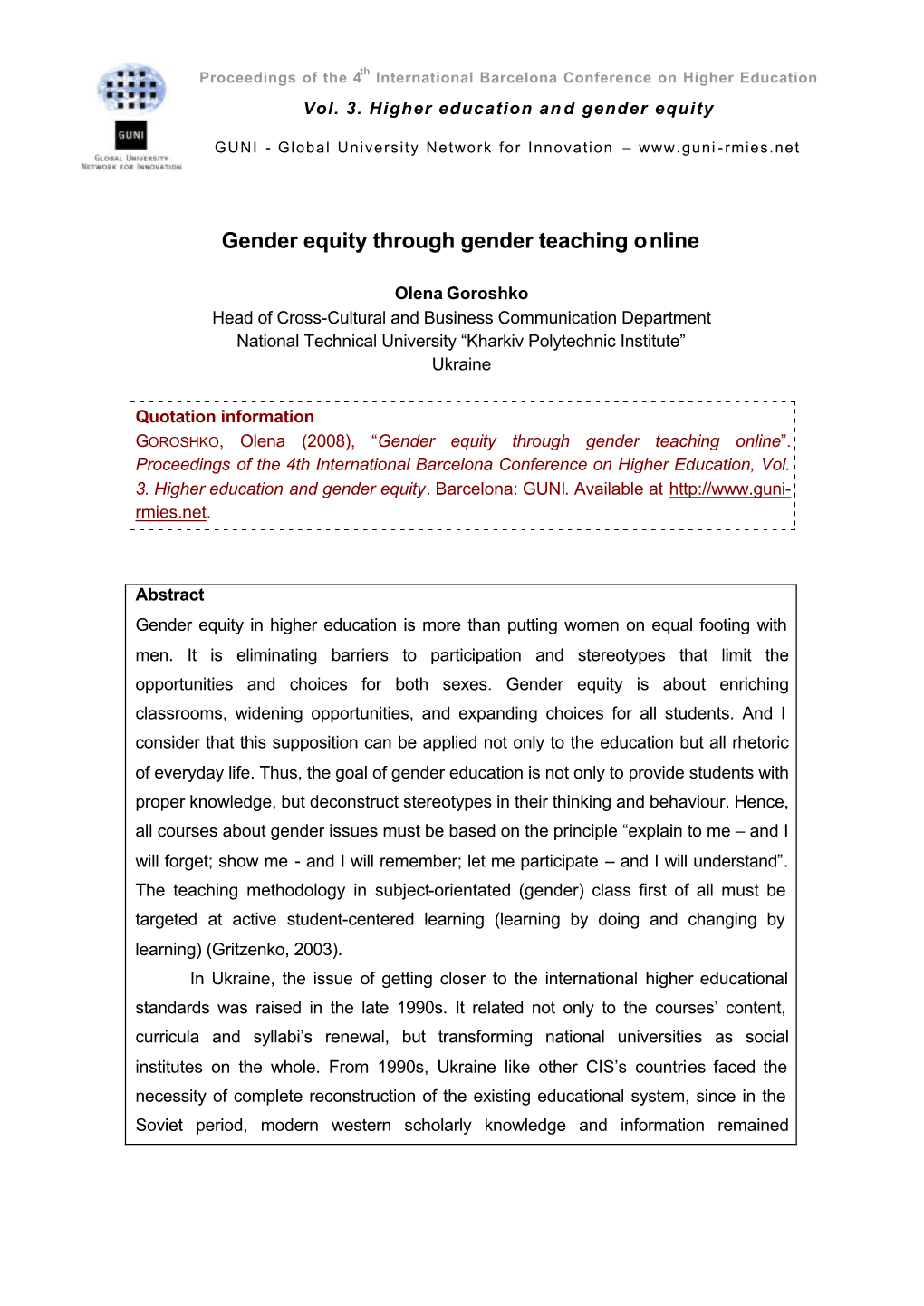 Gender Equity Through Gender Teaching Online