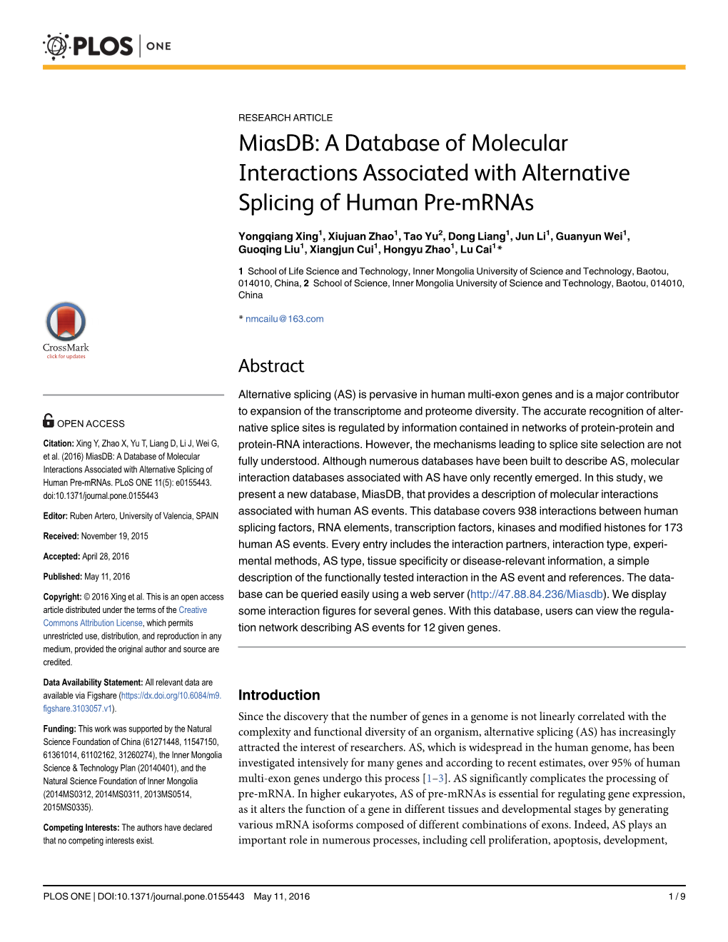 Miasdb: a Database of Molecular Interactions Associated with Alternative Splicing of Human Pre-Mrnas