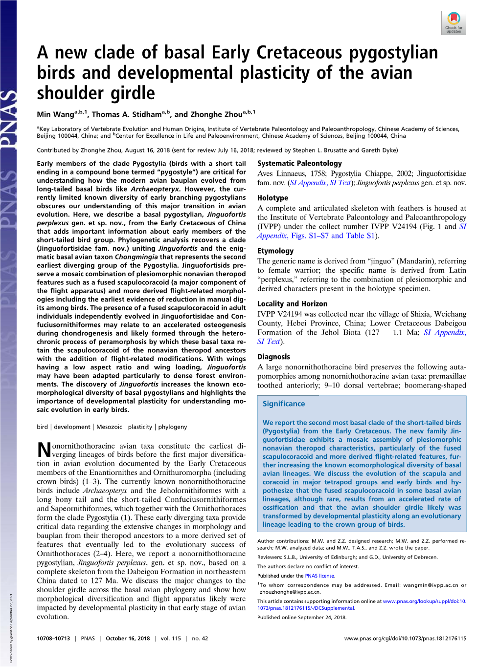 A New Clade of Basal Early Cretaceous Pygostylian Birds and Developmental Plasticity of the Avian Shoulder Girdle