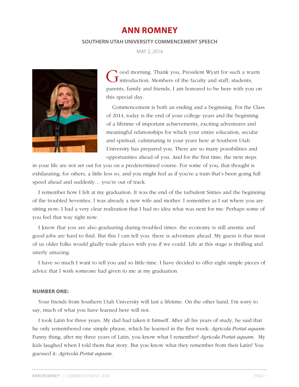 Ann Romney Southern Utah University Commencement Speech May 2, 2014