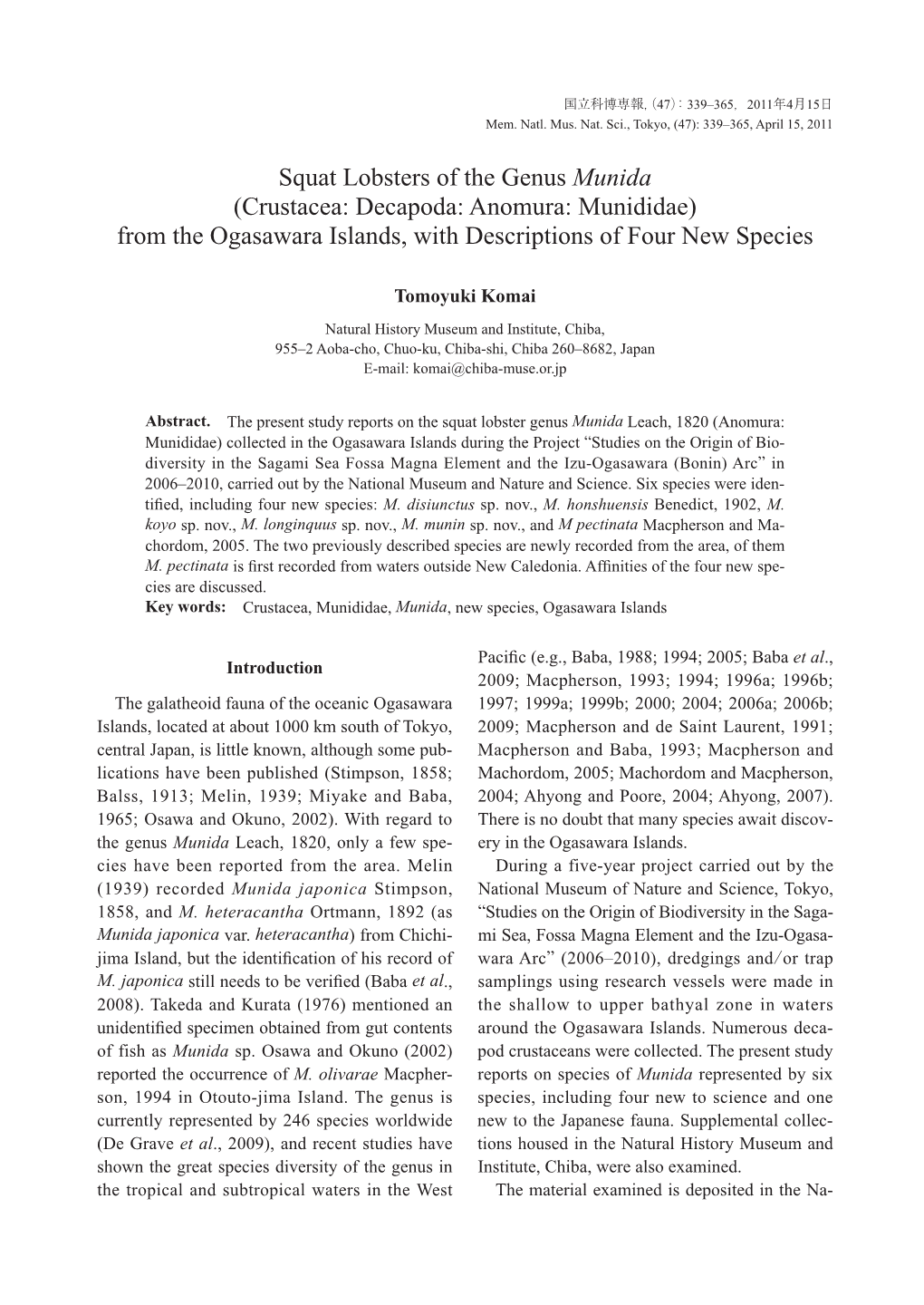 Squat Lobsters of the Genus Munida (Crustacea: Decapoda: Anomura: Munididae) from the Ogasawara Islands, with Descriptions of Four New Species