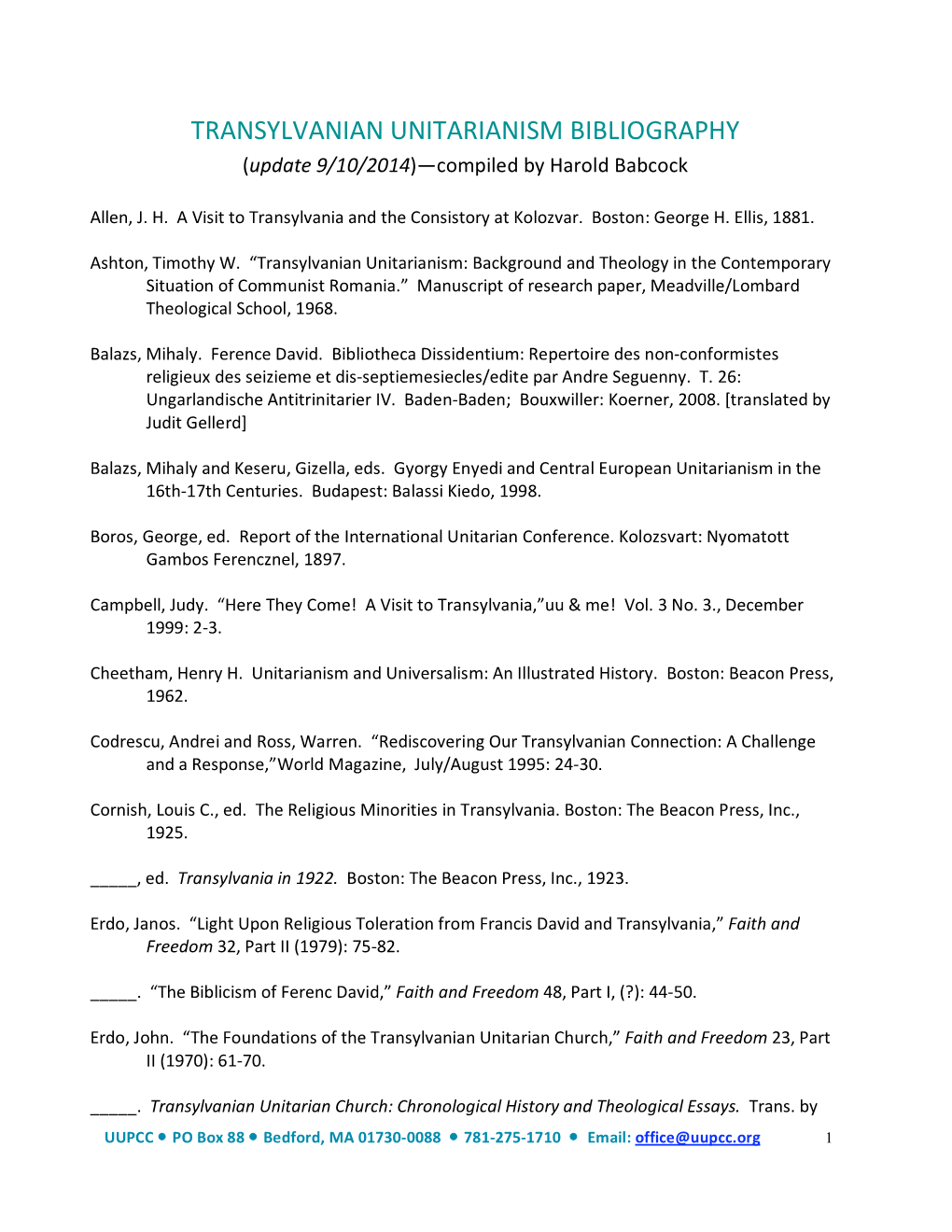 TRANSYLVANIAN UNITARIANISM BIBLIOGRAPHY (Update 9/10/2014)—Compiled by Harold Babcock