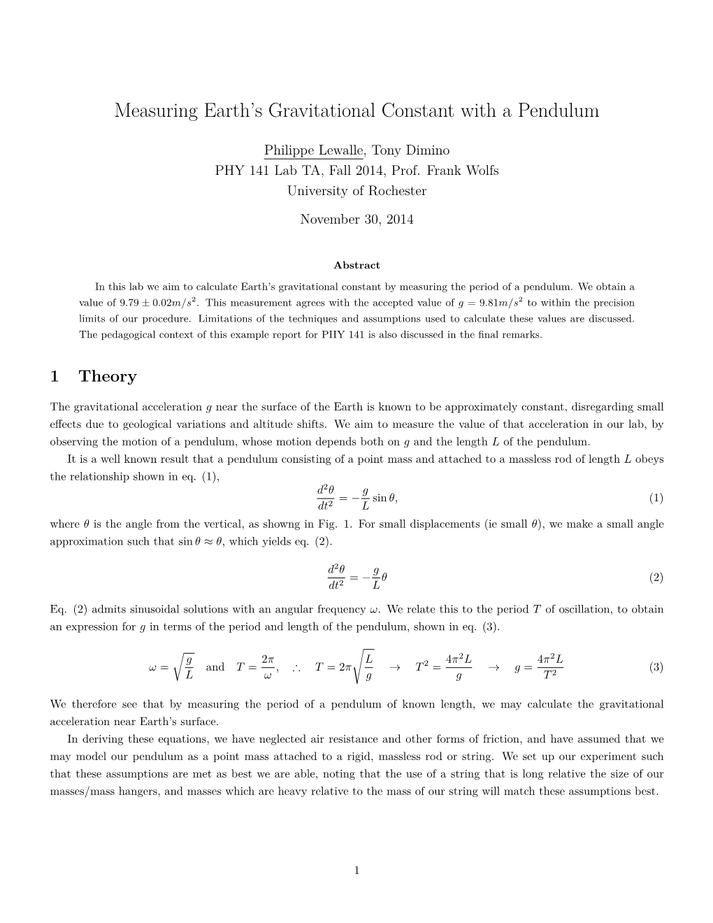 Measuring Earth's Gravitational Constant with a Pendulum