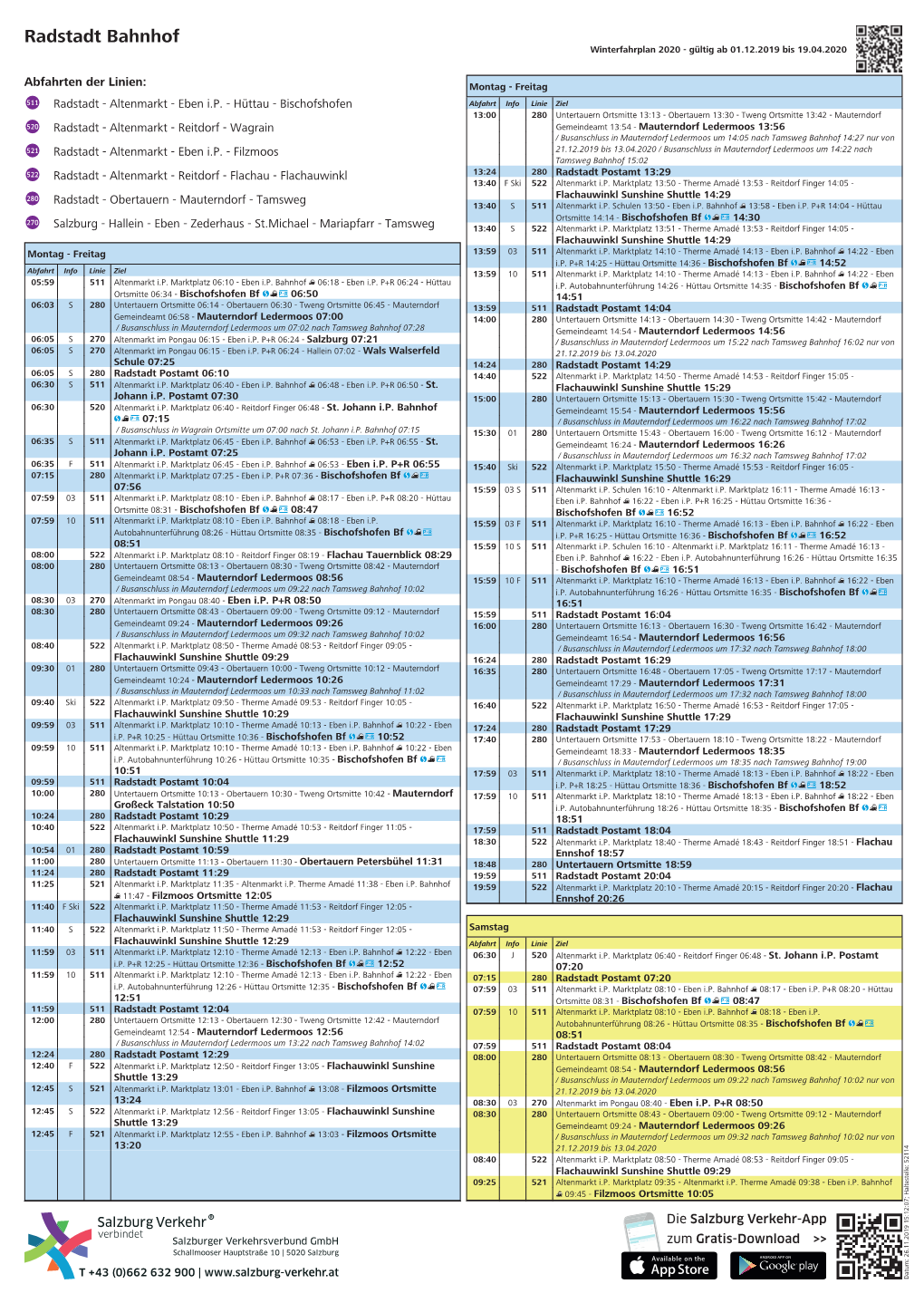 Radstadt Bahnhof Winterfahrplan 2020 - Gültig Ab 01.12.2019 Bis 19.04.2020