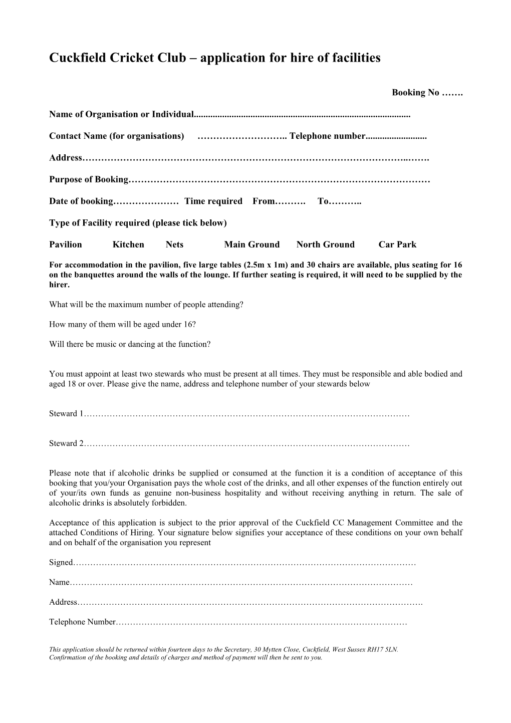 Cuckfield Cricket Club Application for Hire of Facilities