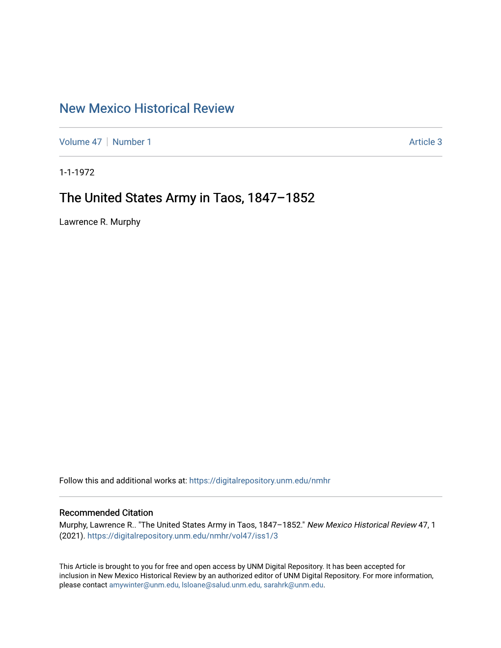 The United States Army in Taos, 1847–1852