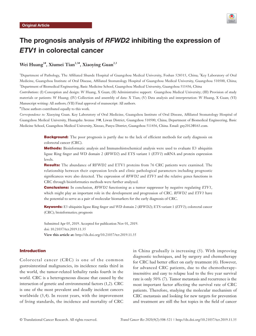 The Prognosis Analysis of RFWD2 Inhibiting the Expression of ETV1 in Colorectal Cancer