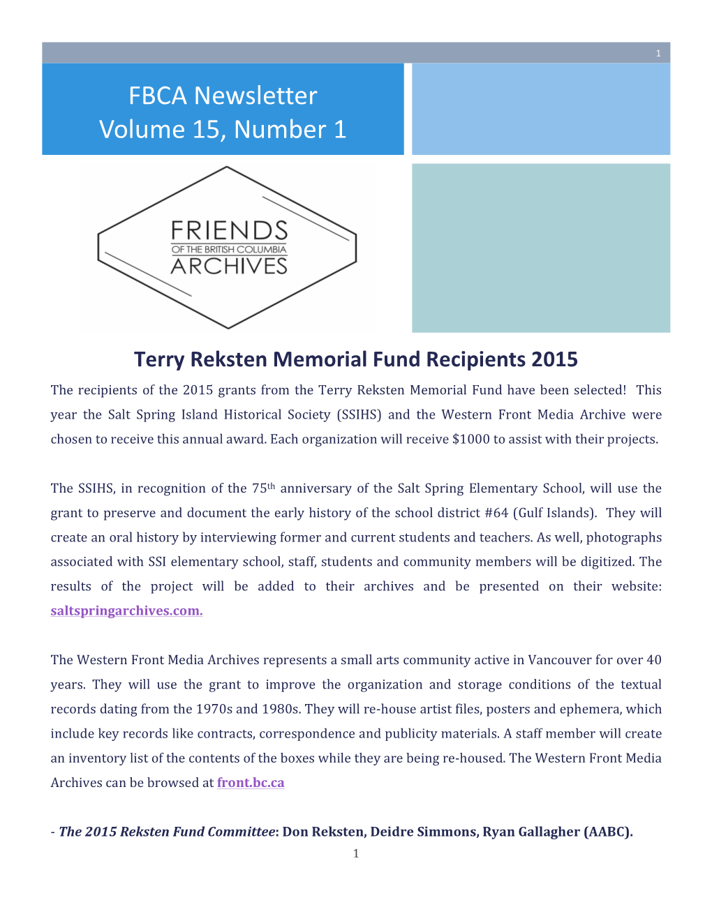 FBCA Newsletter Volume 15, Number 1