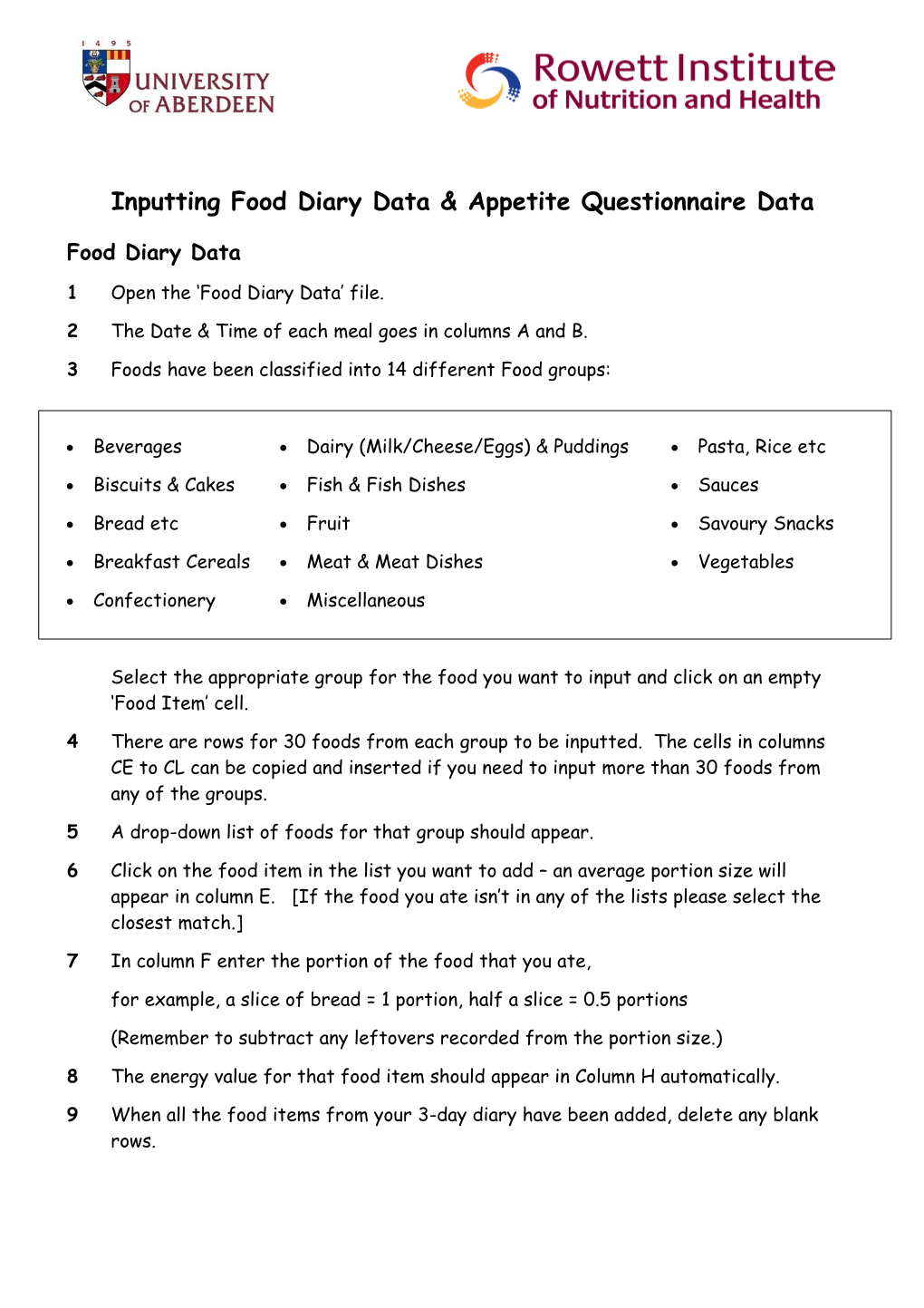 Inputting Food Diary Data & Appetite Questionnaire Data