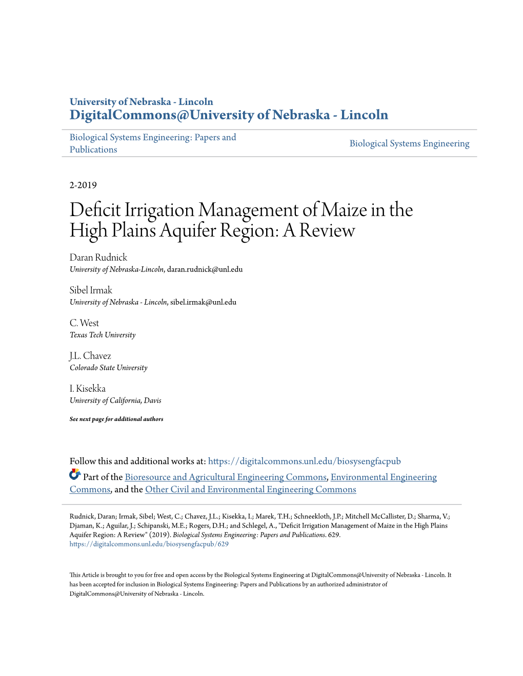 Deficit Irrigation Management of Maize in the High Plains Aquifer Region: a Review Daran Rudnick University of Nebraska-Lincoln, Daran.Rudnick@Unl.Edu