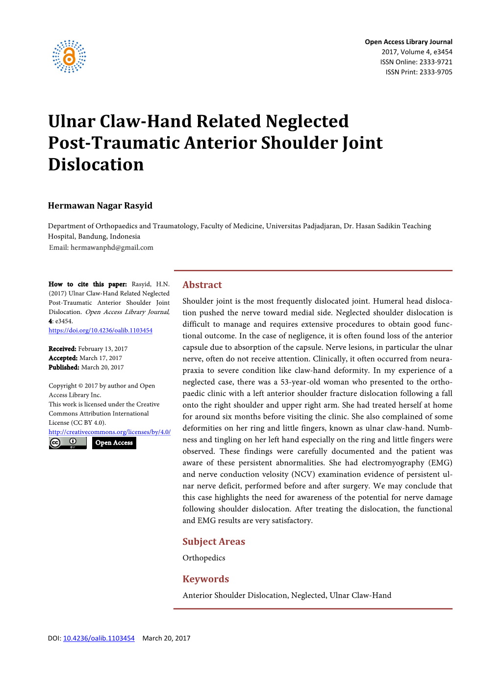 Ulnar Claw-Hand Related Neglected Post-Traumatic Anterior Shoulder Joint Dislocation