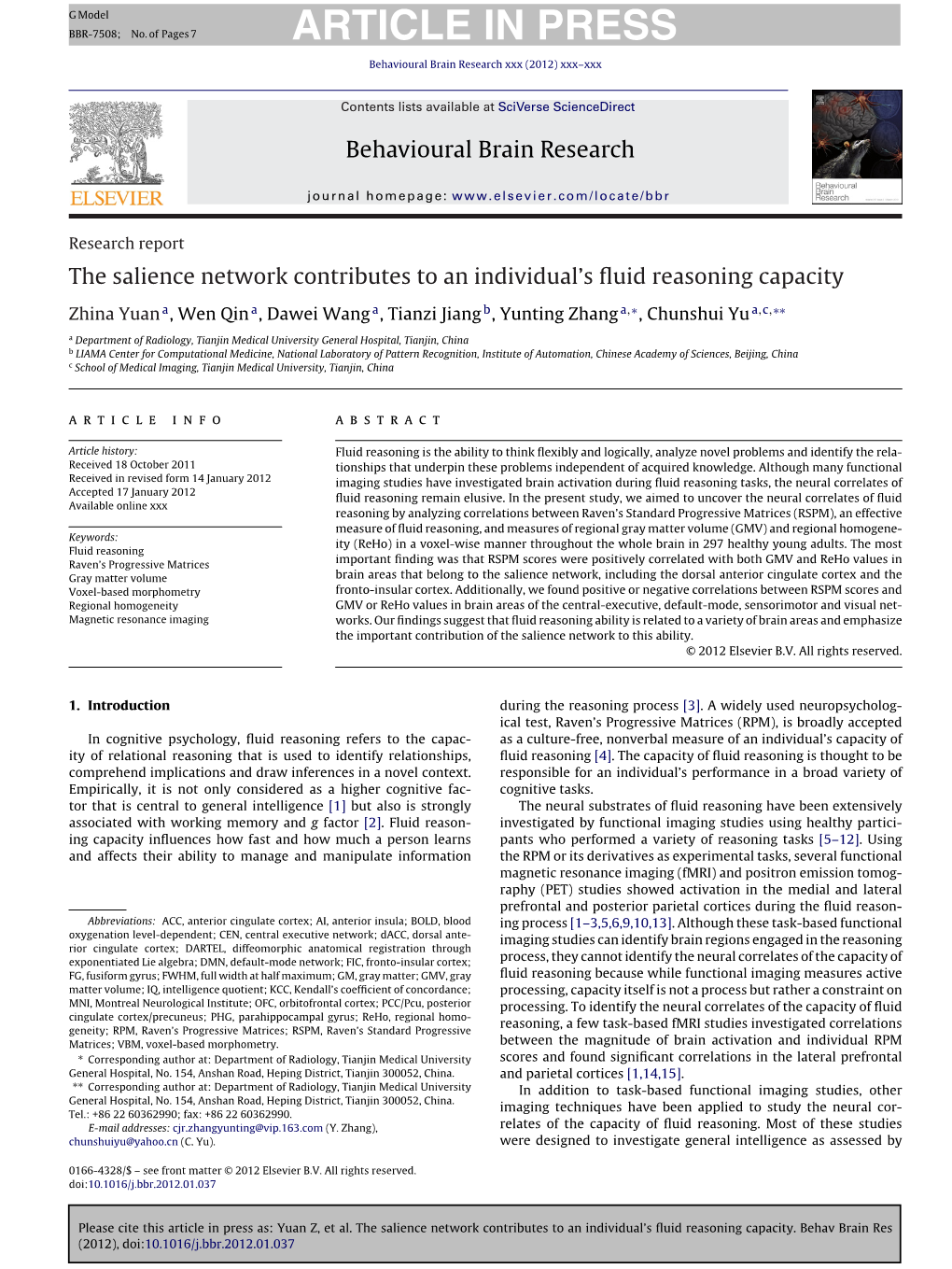 The Salience Network Contributes to an Individual's Fluid Reasoning Capacity