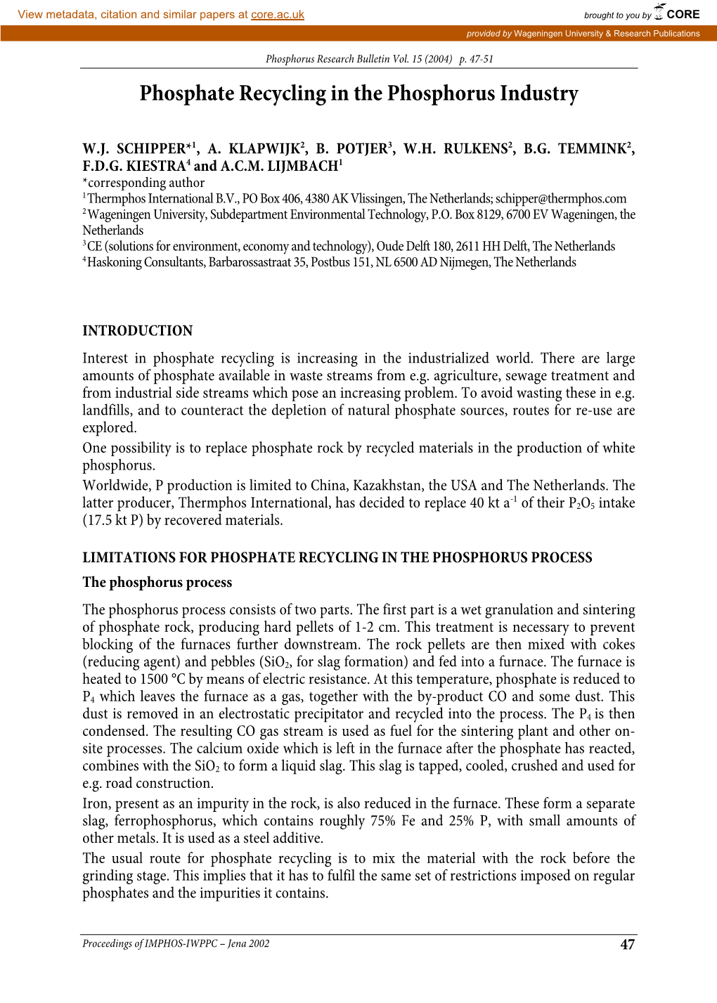 Phosphate Recycling in the Phosphorus Industry