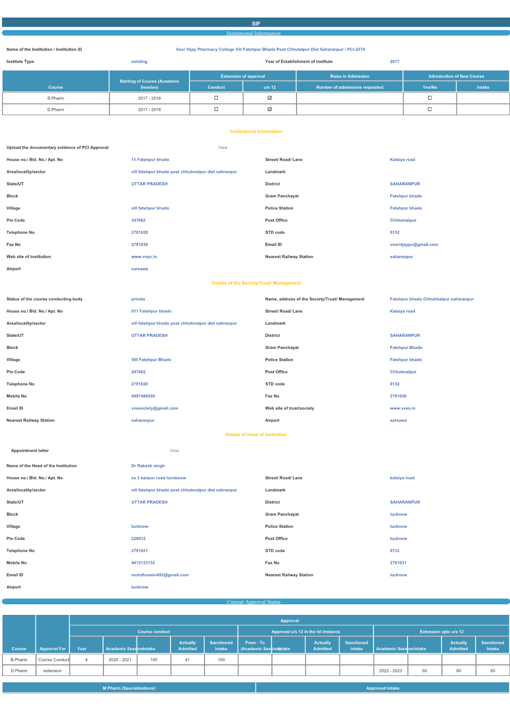 SIF Institutional Information Current Approval Status