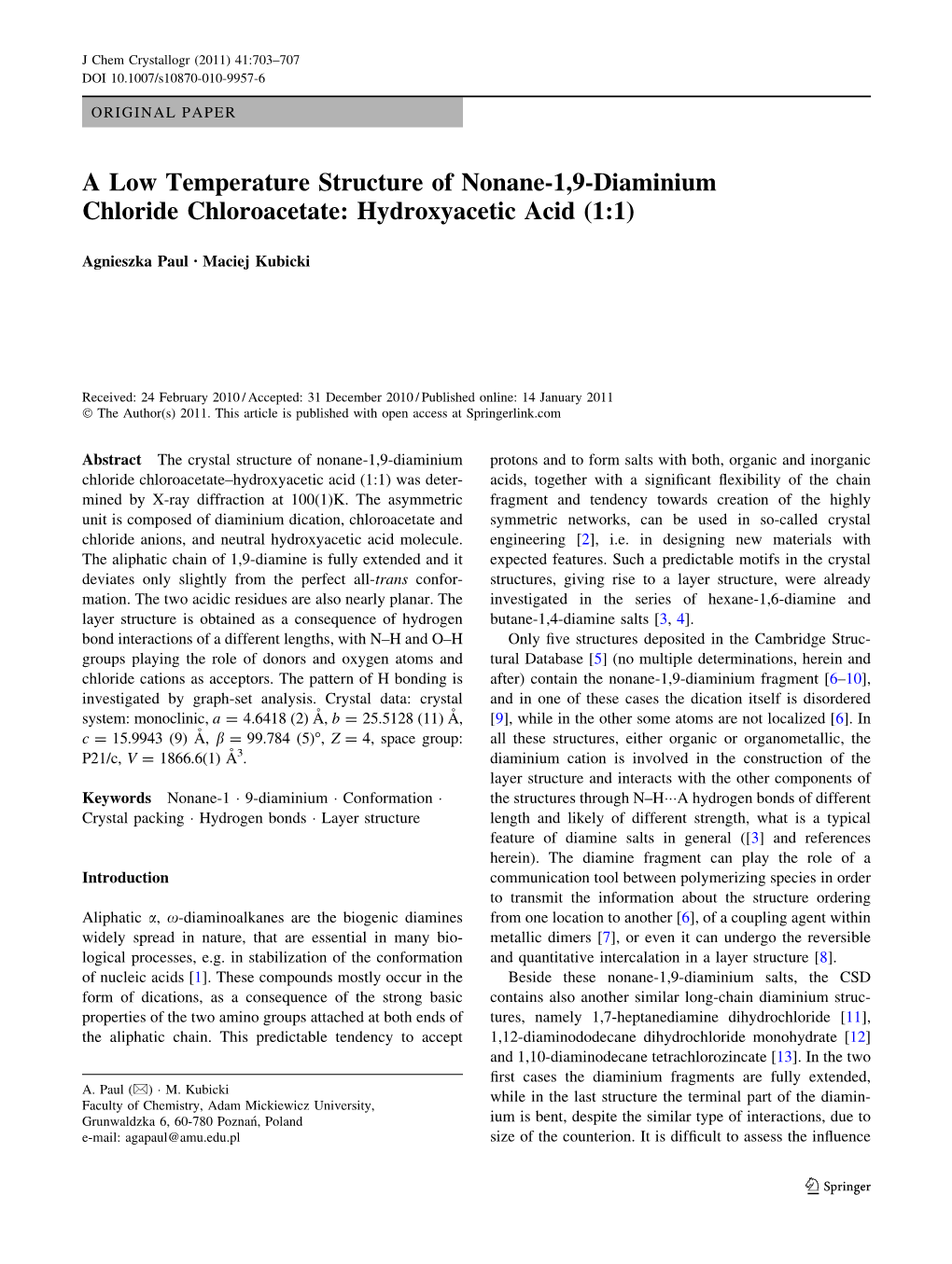 A Low Temperature Structure of Nonane-1,9-Diaminium Chloride Chloroacetate: Hydroxyacetic Acid (1:1)