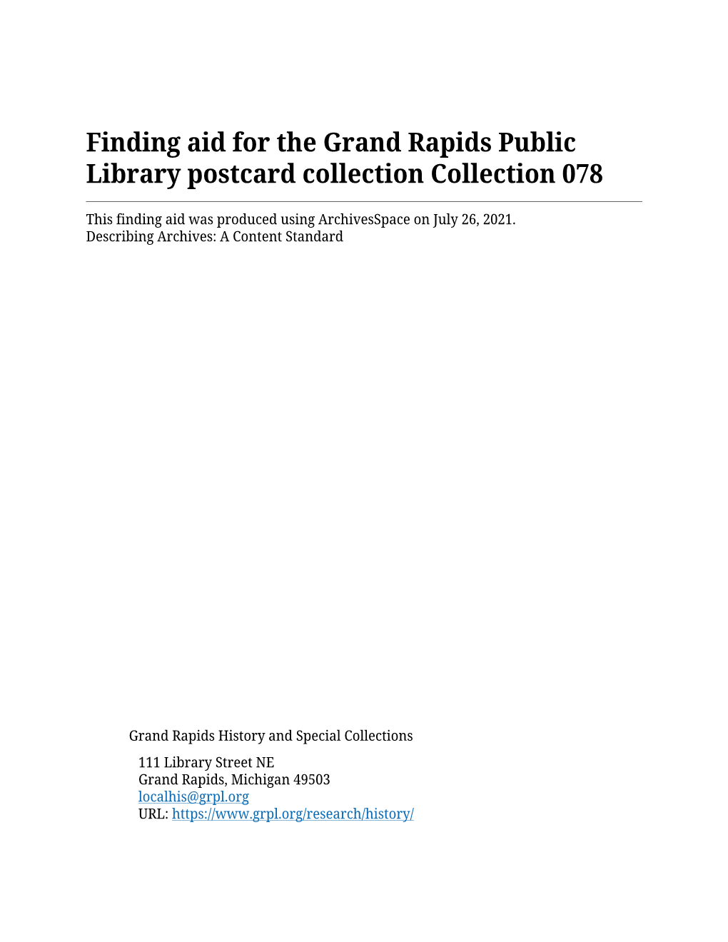 Finding Aid for the Grand Rapids Public Library Postcard Collection Collection 078
