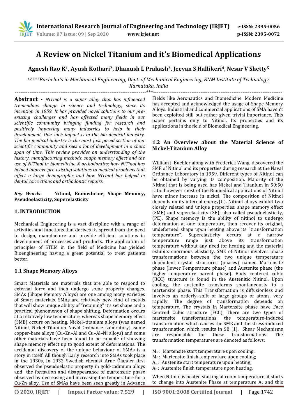 A Review on Nickel Titanium and It's Biomedical Applications