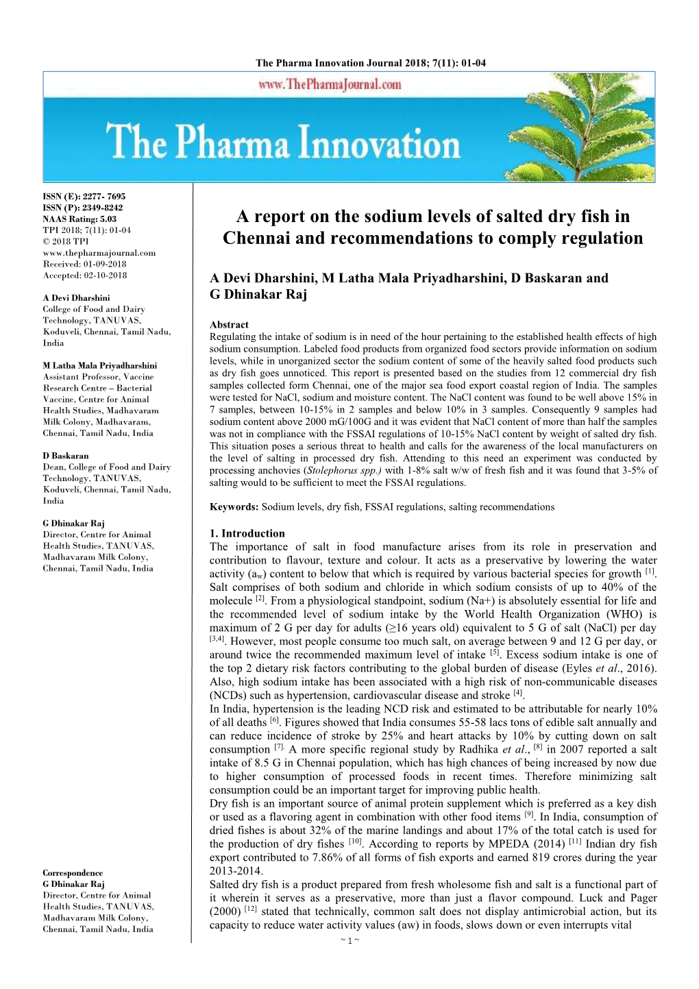 A Report on the Sodium Levels of Salted Dry Fish in Chennai And