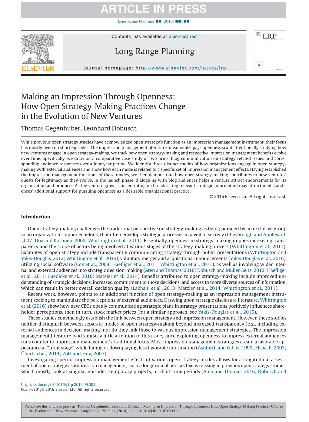 How Open Strategy-Making Practices Change in the Evolution of New Ventures Thomas Gegenhuber, Leonhard Dobusch