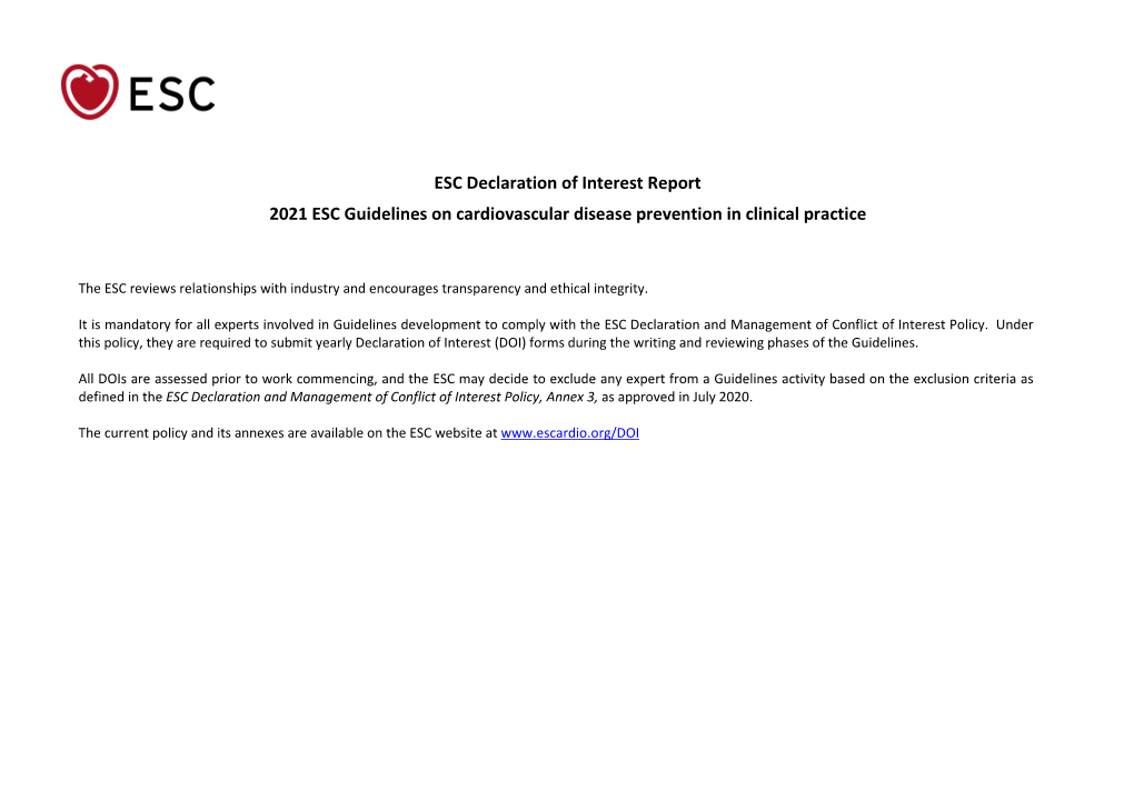 ESC Declaration of Interest Report 2021 ESC Guidelines on Cardiovascular Disease Prevention in Clinical Practice