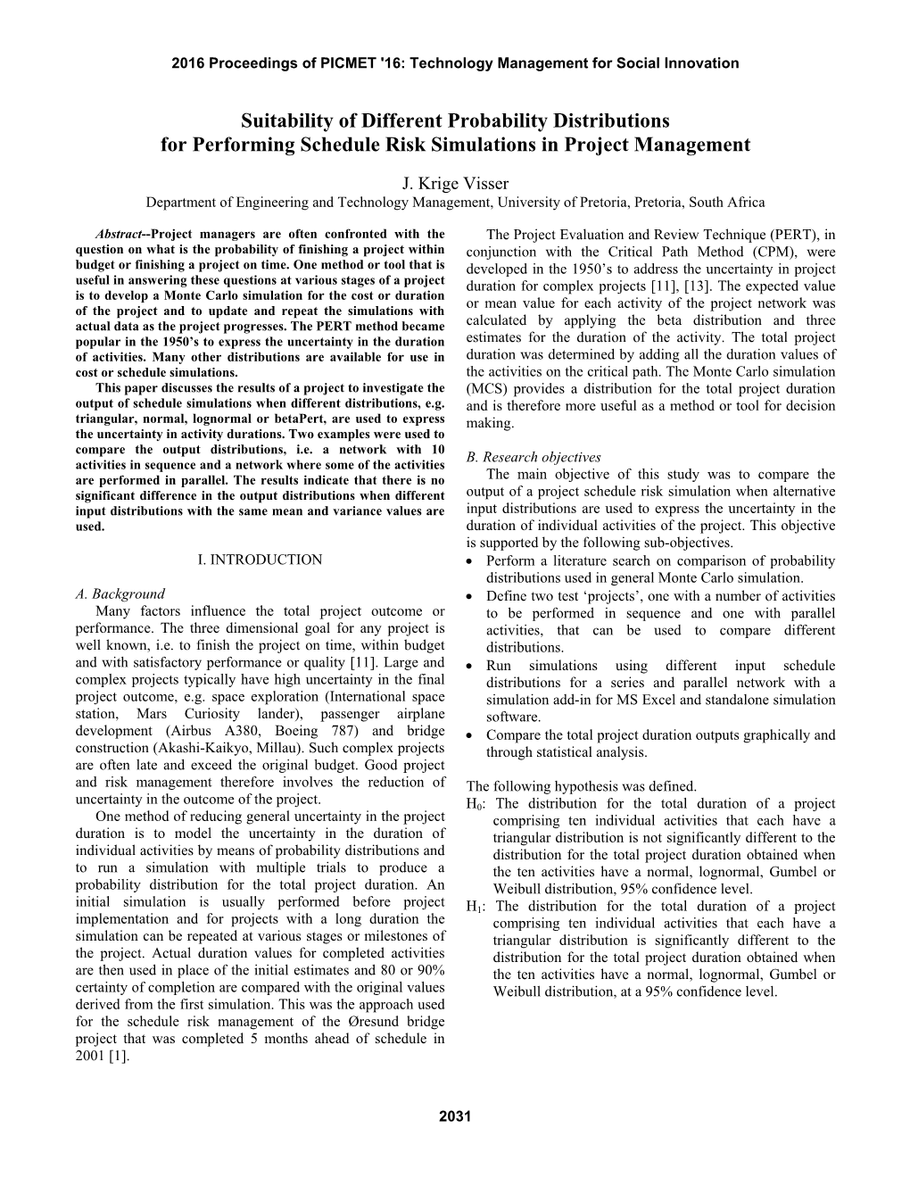 Suitability of Different Probability Distributions for Performing Schedule Risk Simulations in Project Management