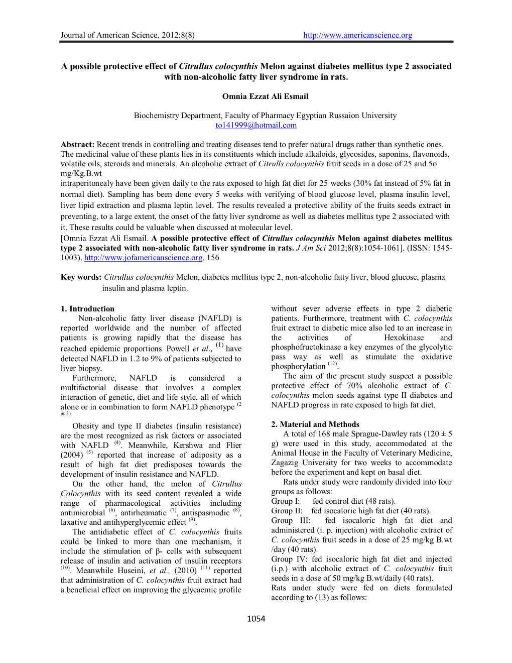 1054 a Possible Protective Effect of Citrullus Colocynthis Melon Against