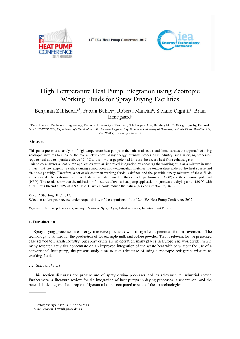 High Temperature Heat Pump Integration Using Zeotropic Working Fluids for Spray Drying Facilities