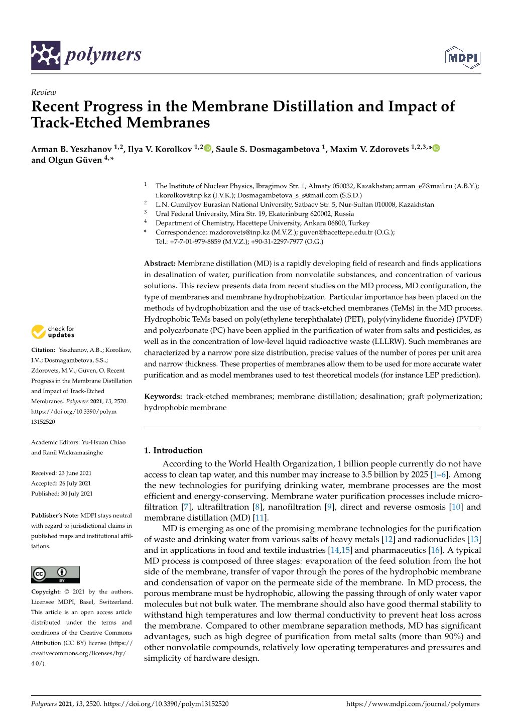 Recent Progress in the Membrane Distillation and Impact of Track-Etched Membranes