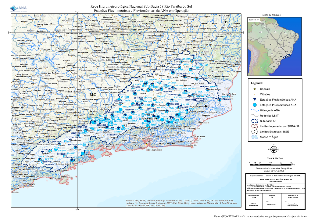 Rede Hidrometeorológica Nacional Sub-Bacia 58 Rio Paraíba Do Sul 45°W Estações Fluviométricas E Pluviométricas Da ANA Em Operação