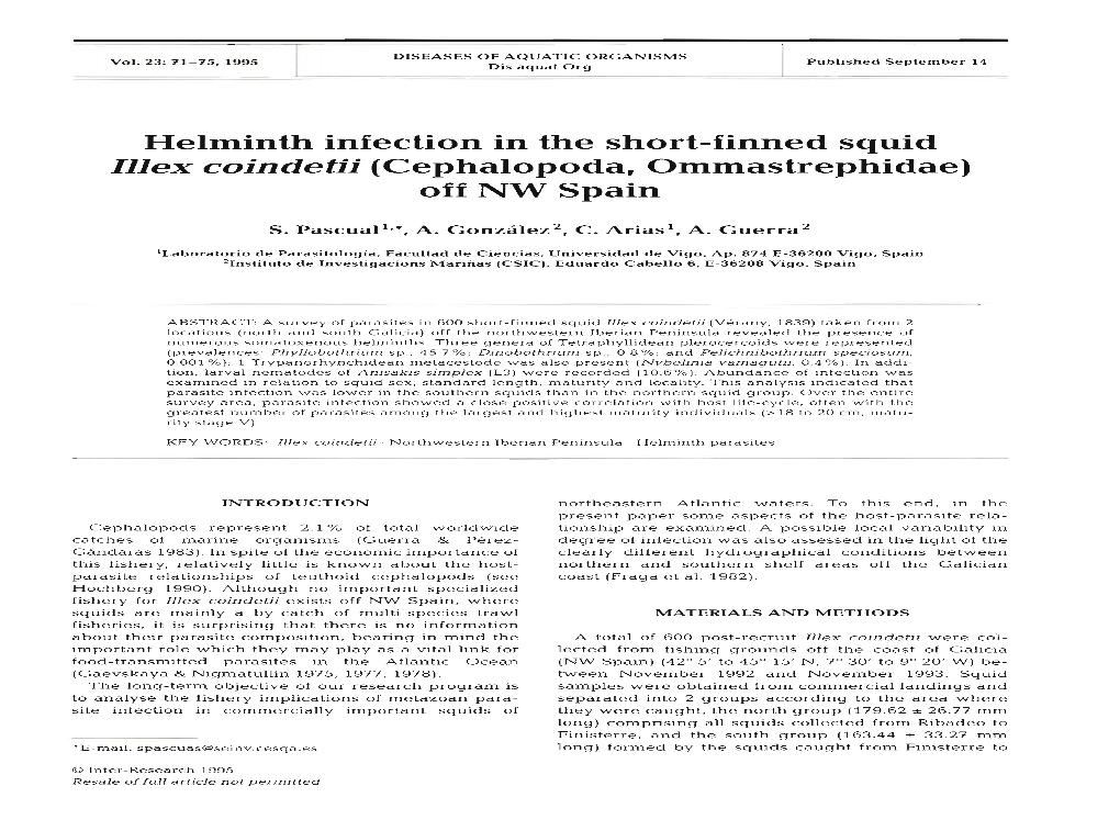 Helminth Infection in the Short-Finned Squid Illex Coindetii (Cephalopoda, Ommastrephidae) Off NW Spain