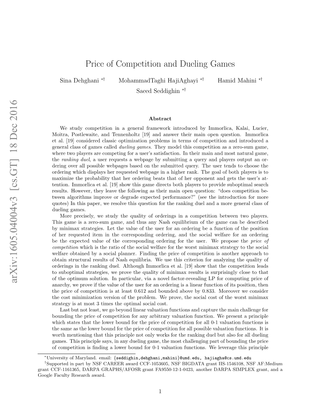 Price of Competition and Dueling Games