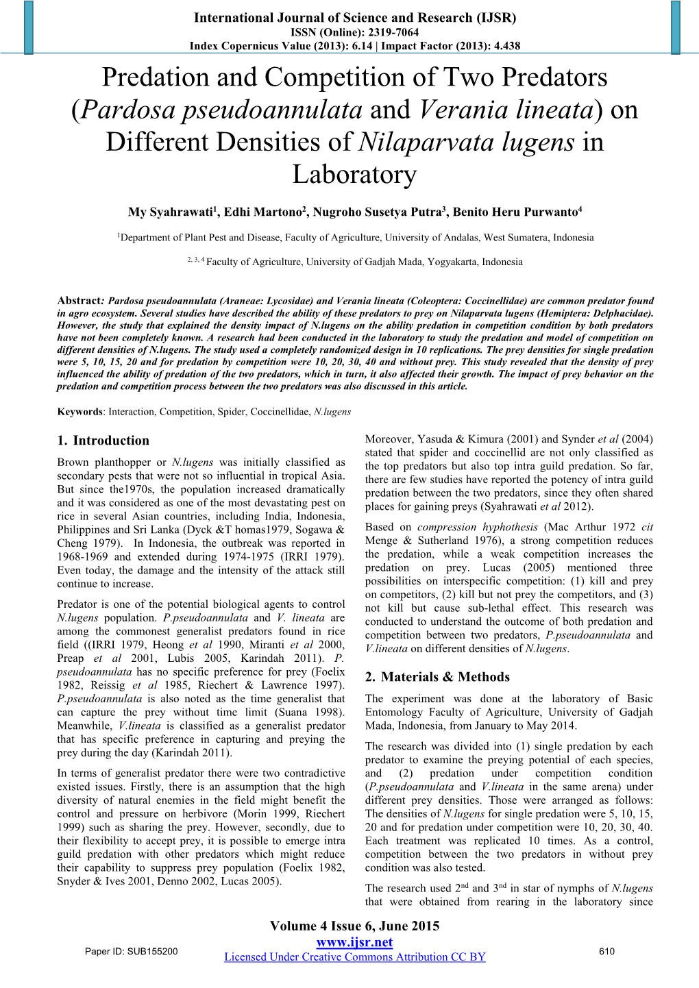 Pardosa Pseudoannulata and Verania Lineata) on Different Densities of Nilaparvata Lugens in Laboratory