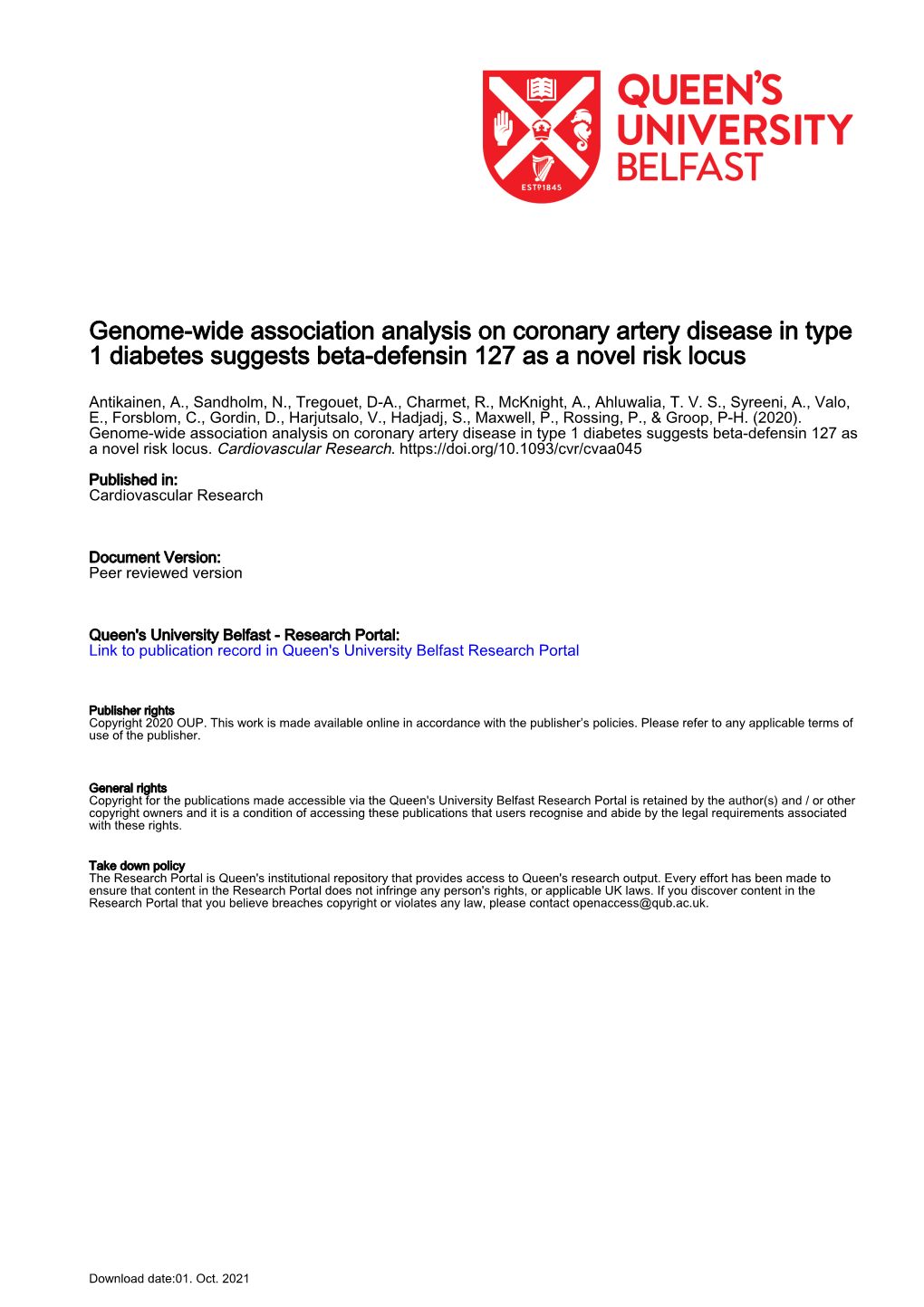 Genome-Wide Association Analysis on Coronary Artery Disease in Type 1 Diabetes Suggests Beta-Defensin 127 As a Novel Risk Locus