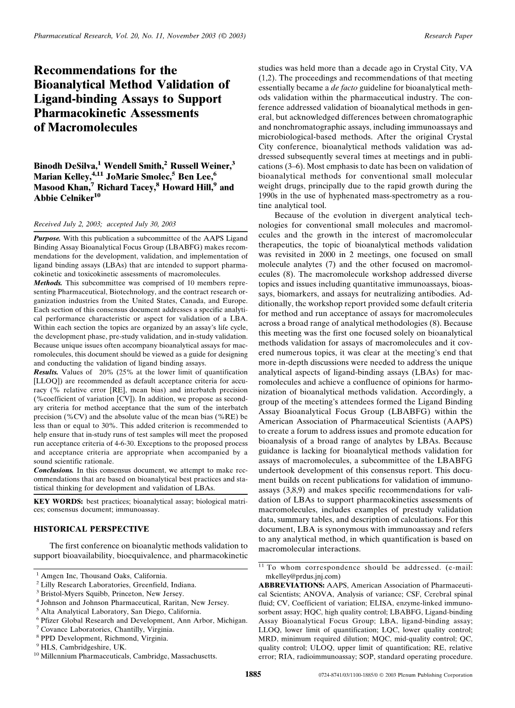 Recommendations for the Bioanalytical Method Validation Of