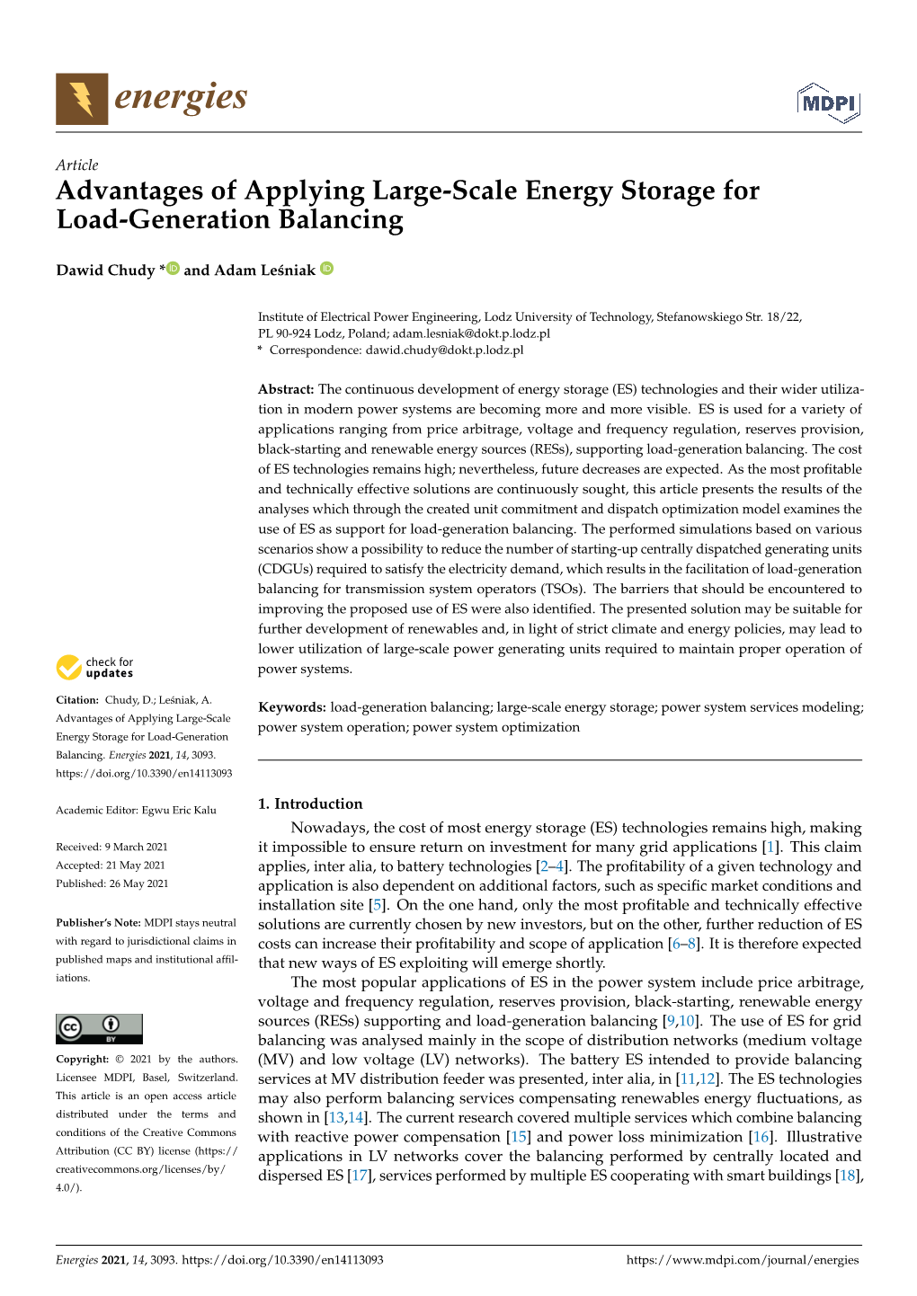 Advantages of Applying Large-Scale Energy Storage for Load-Generation Balancing