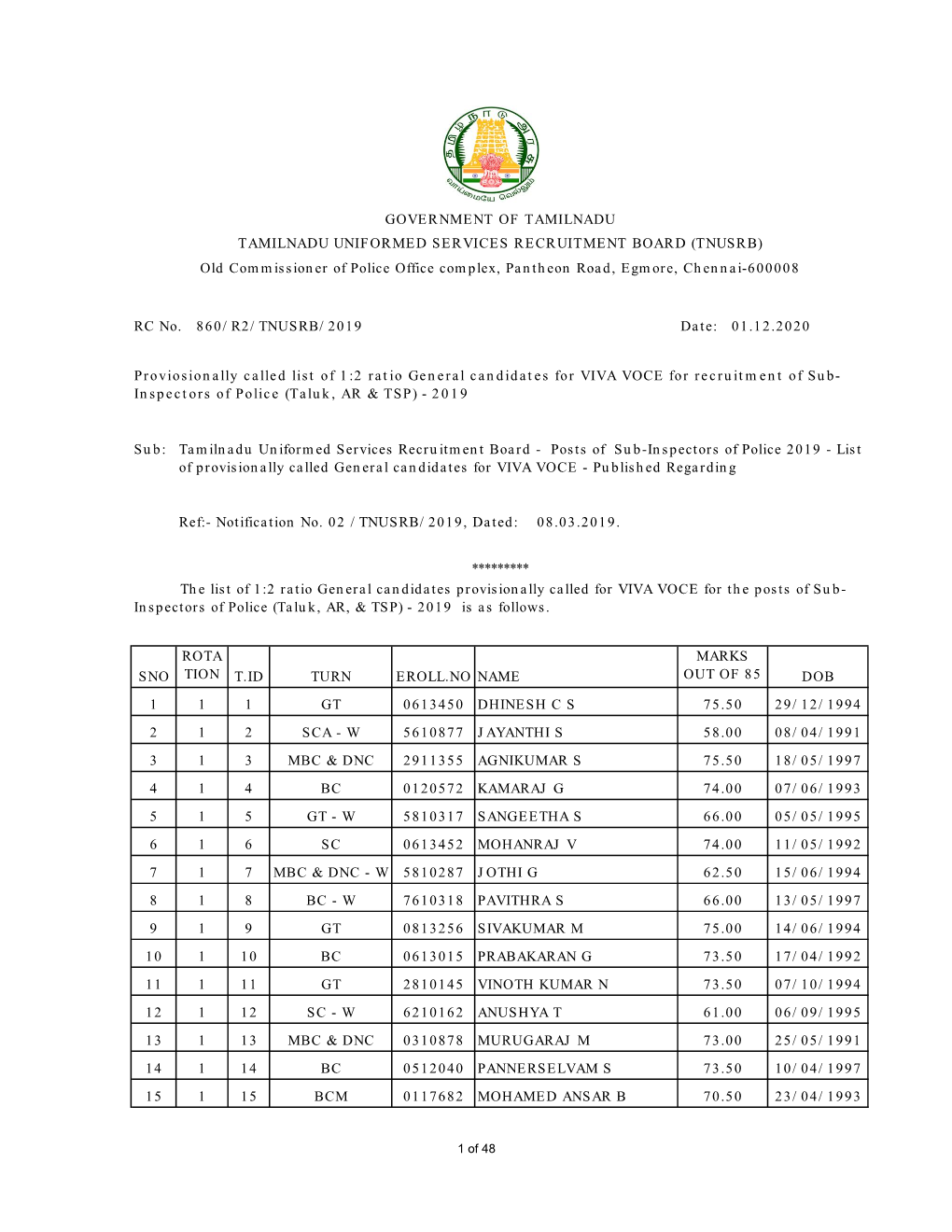 Notification No. 02 /TNUSRB/2019, Dated: 08.03.2019