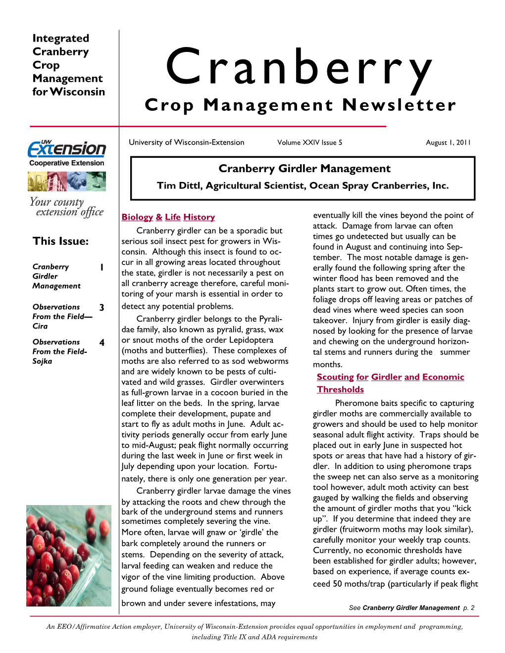 Cranberry Crop Management Cranberr Y for Wisconsin Crop Management Newsletter