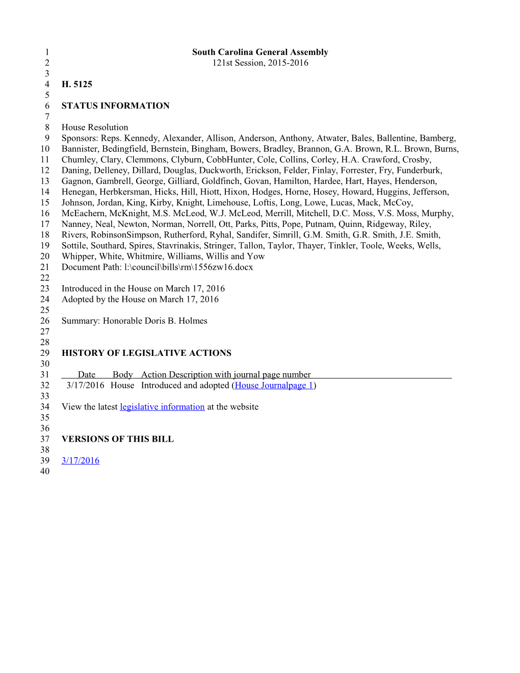 2015-2016 Bill 5125: Honorable Doris B. Holmes - South Carolina Legislature Online